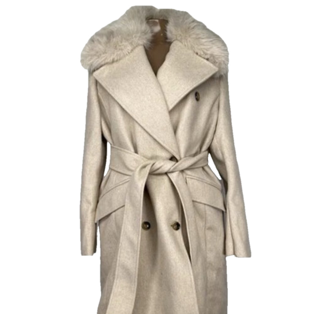 NEW BANANA REPUBLIC Womens Coat Pewter Grey Size M Fur Lapel Collar Tie Waist